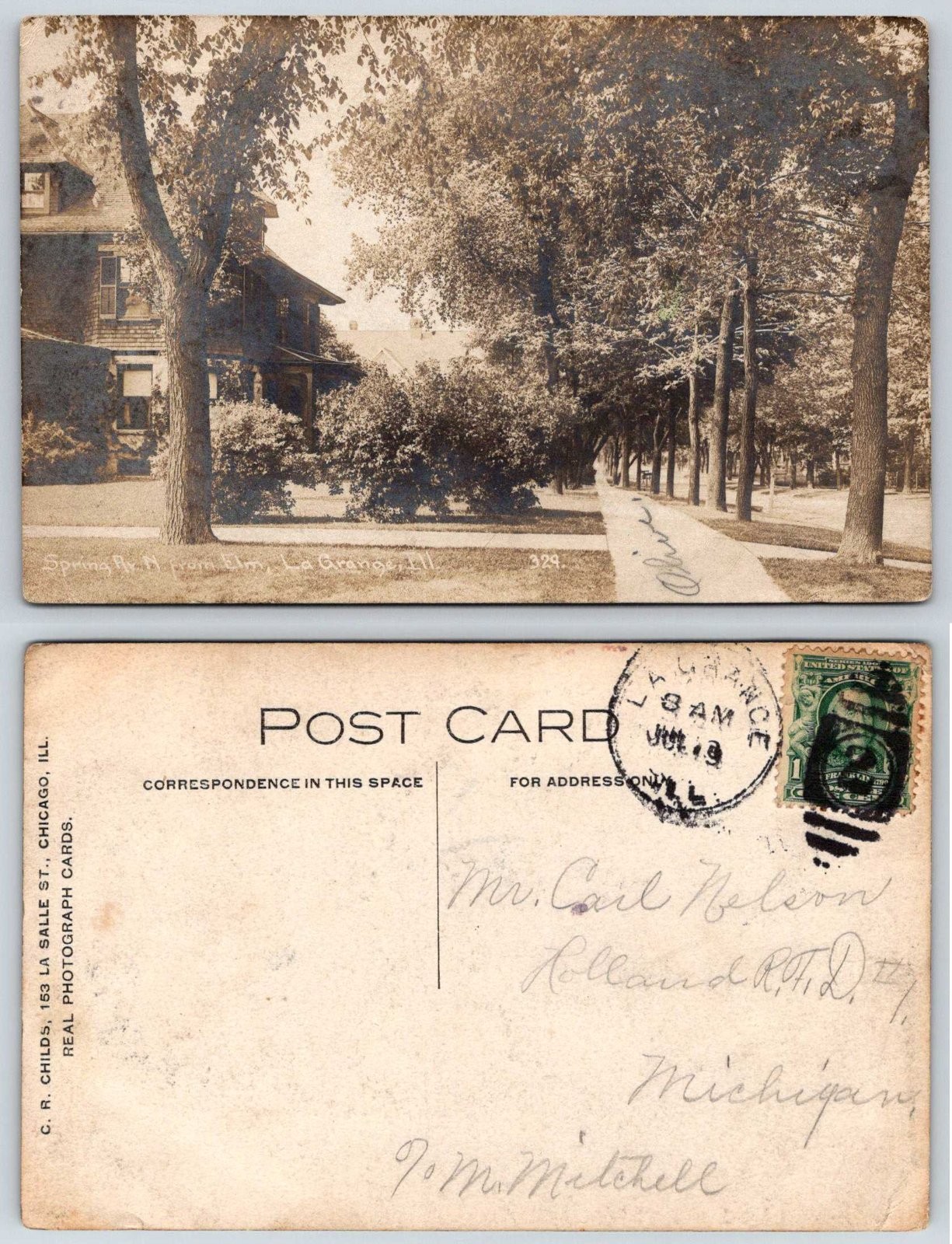 La Grange Illinois Spring Ave from Elm Historic C R Childs RPPC Postcard BB90