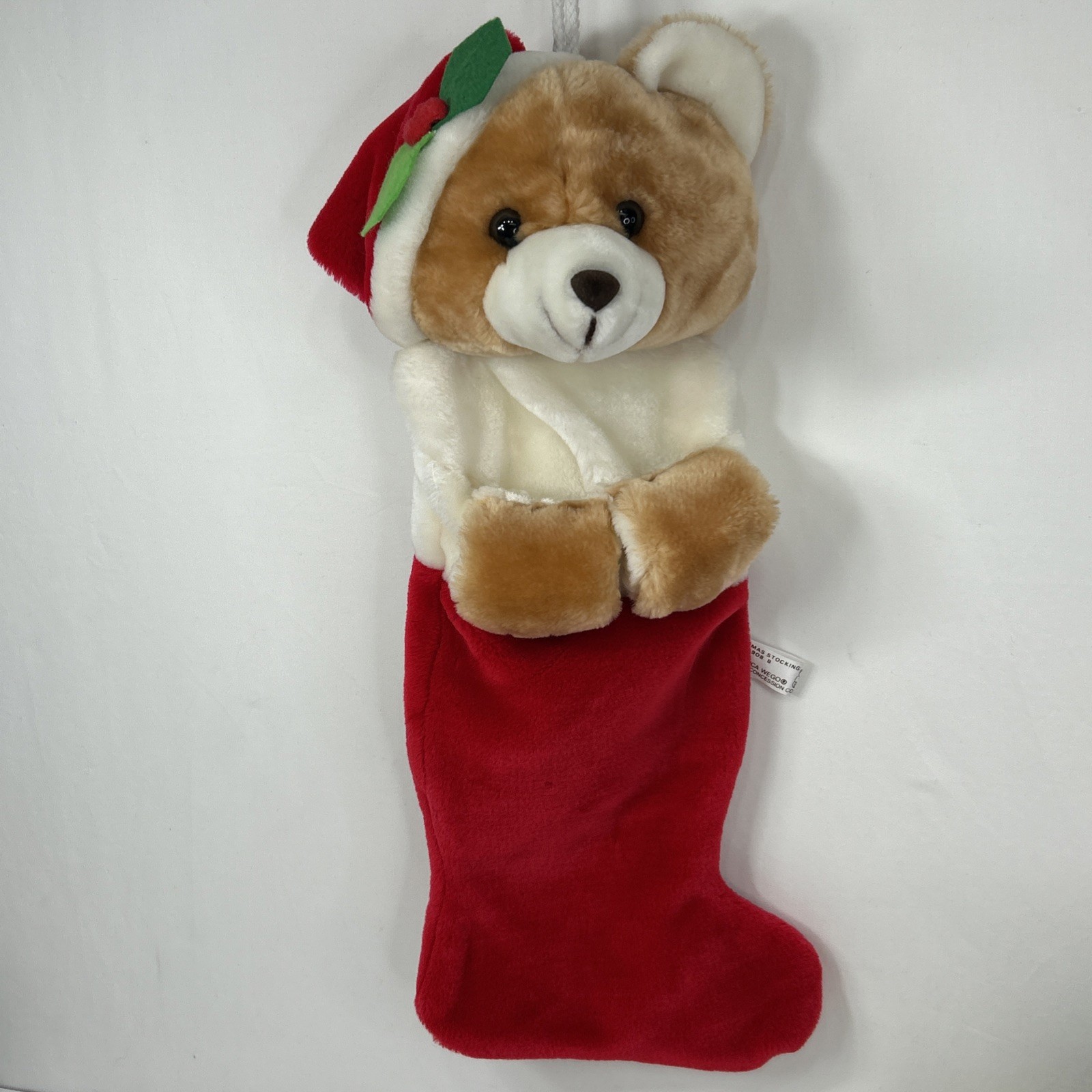 Vtg Teddy Bear Christmas Stocking 3D Plush Stuffed Animal Tan Red Hat Holly 20”