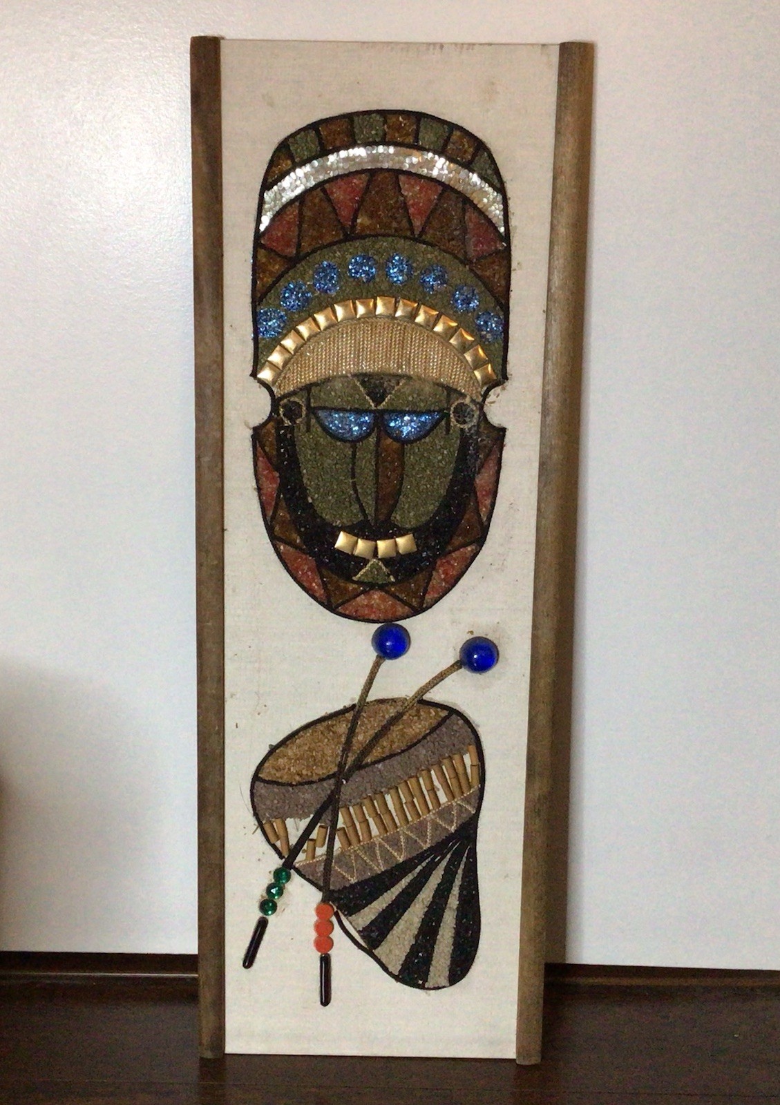 Vintage MCM Gravel Wall Art Tribal 24x9” PQS 15 Primitive Mask & PQS 16 Shield