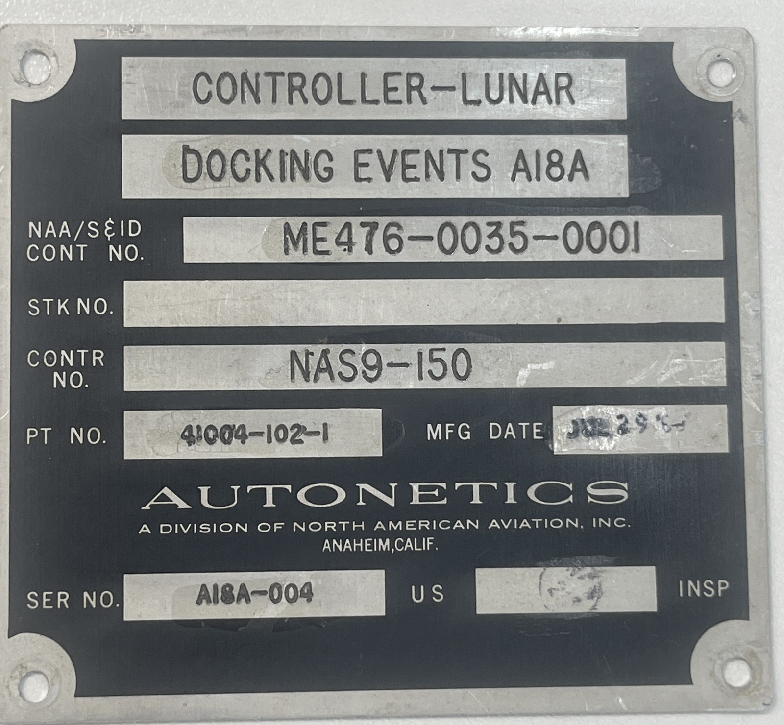 Rare Apollo Spacecraft Lunar Docking Events Controller Autonetics Data Plate Tag