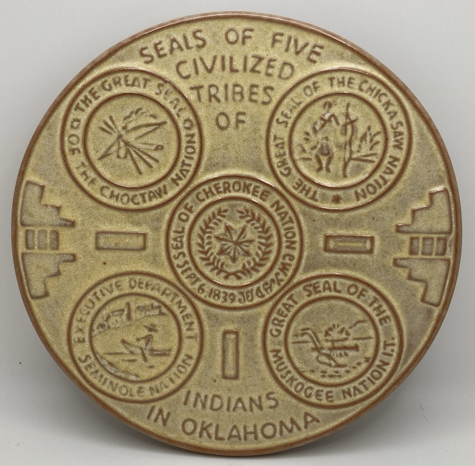 Frankoma Pottery Seals Of 5 Civilized Tribes Of Indians In Oklahoma Trivet USA