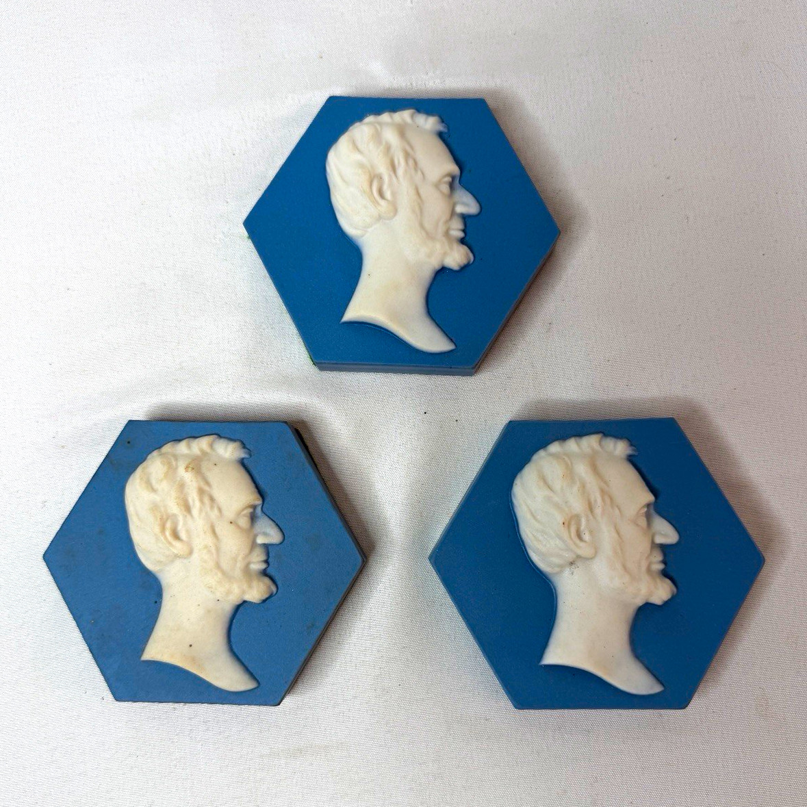 3 Vintage Abraham Lincoln Cameo Tile Paperweights Cambridge Senator Dirksen