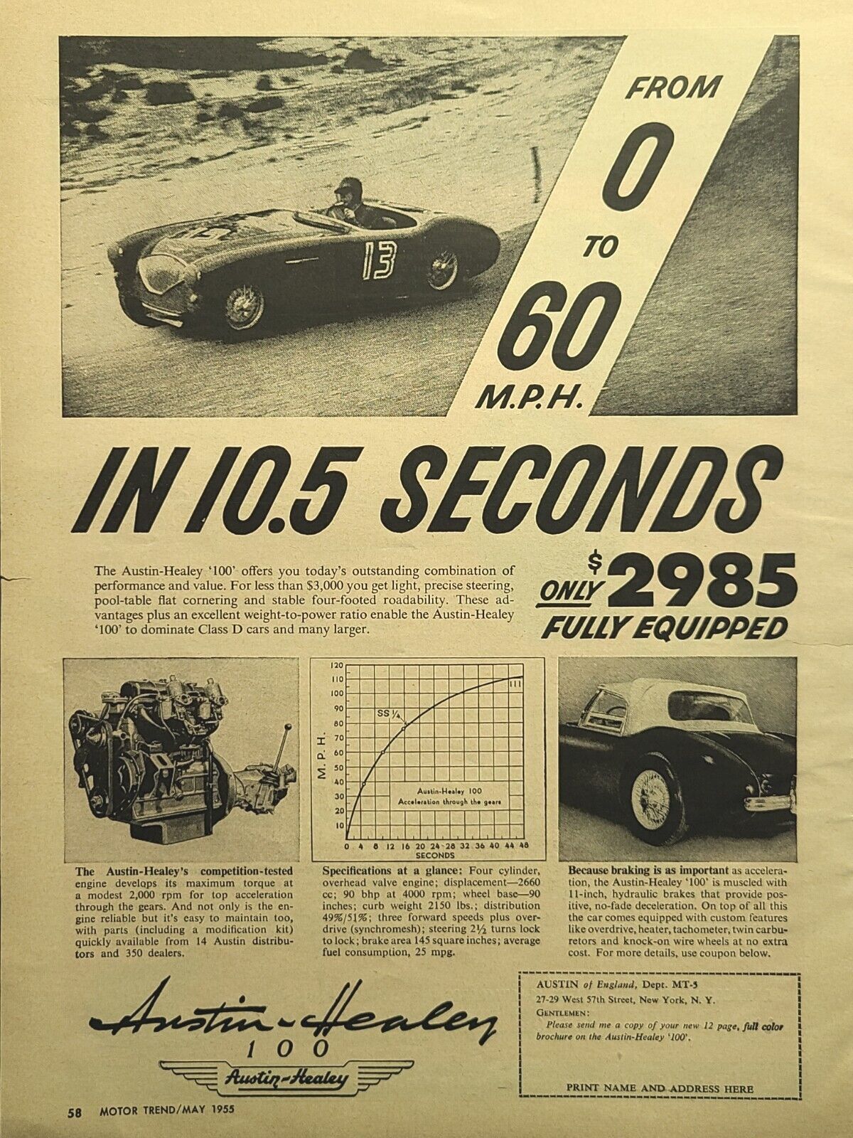 \'55 Austin Healey 100 Competition Tested Race Convertible Vintage Print Ad 1955