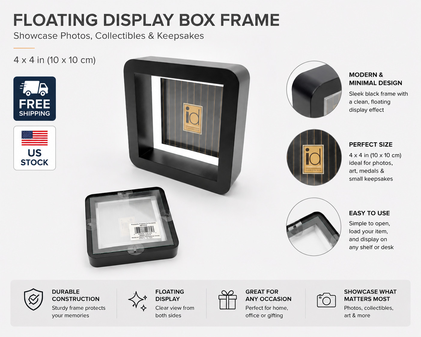 New ID Impluse Designs Black Wooden Shadow Box Style Frame - 4x4 - 06FW337