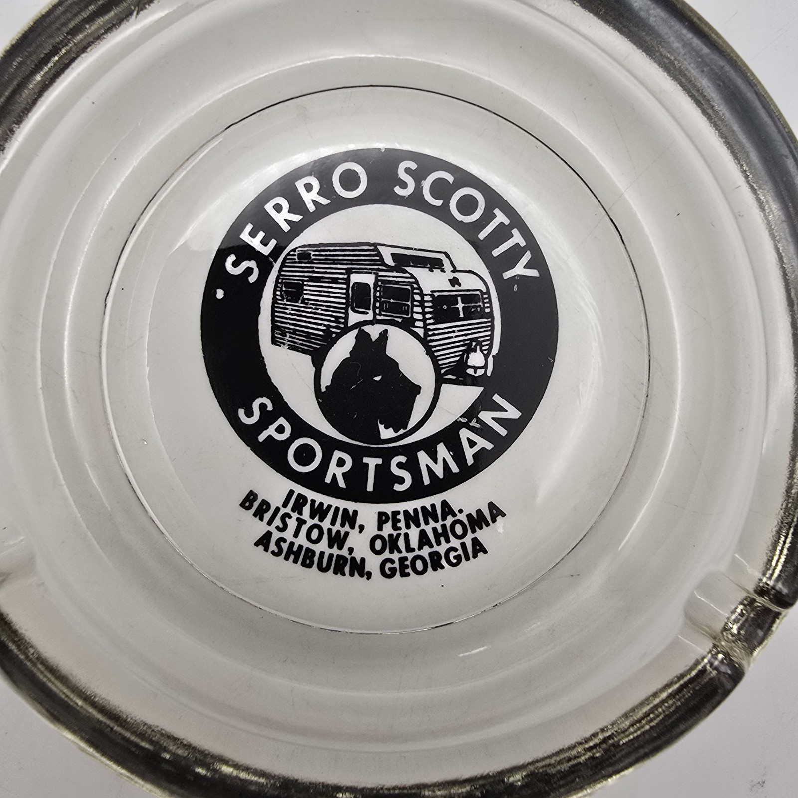 Vtg 60s Serro Scotty Sportsman Camper Ashtray Glass Advertisement GA PA OK USA