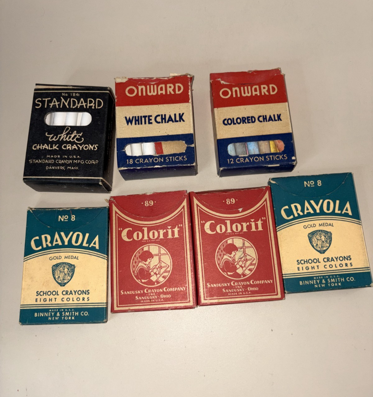 Vtg Schoolhouse Art Lot Crayola Gold Medal Colorit Sandusky Onward Chalk Crayons