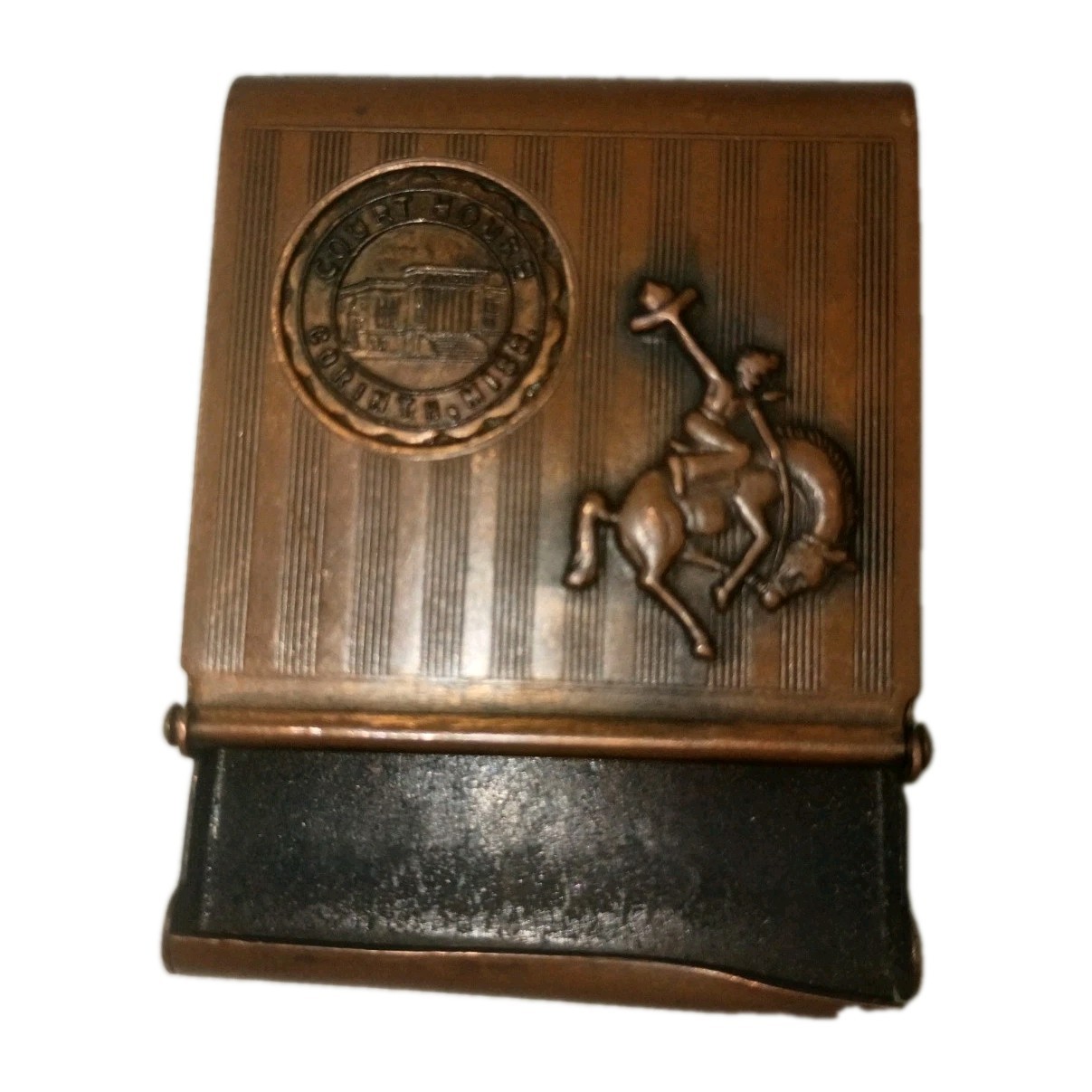 Vtg Copper Matchbook Cover Holder Minneapolis Auditorium Bucking Bronco Cowboy