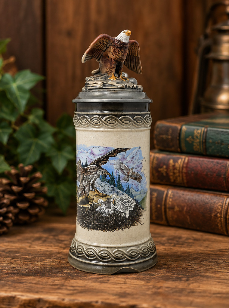 Vintage Gerz West Germany Bald Eagle Beer Stein Pewter Lid Figural Thumblift AS 