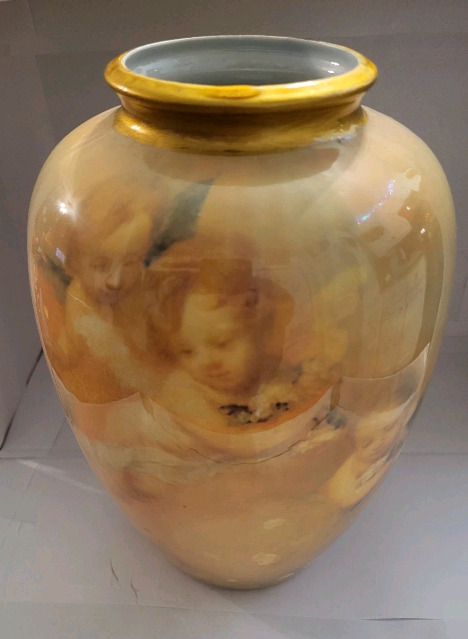 VINTAGE, Hand Painted Angelic Childern / Cherubs Vase-8.5