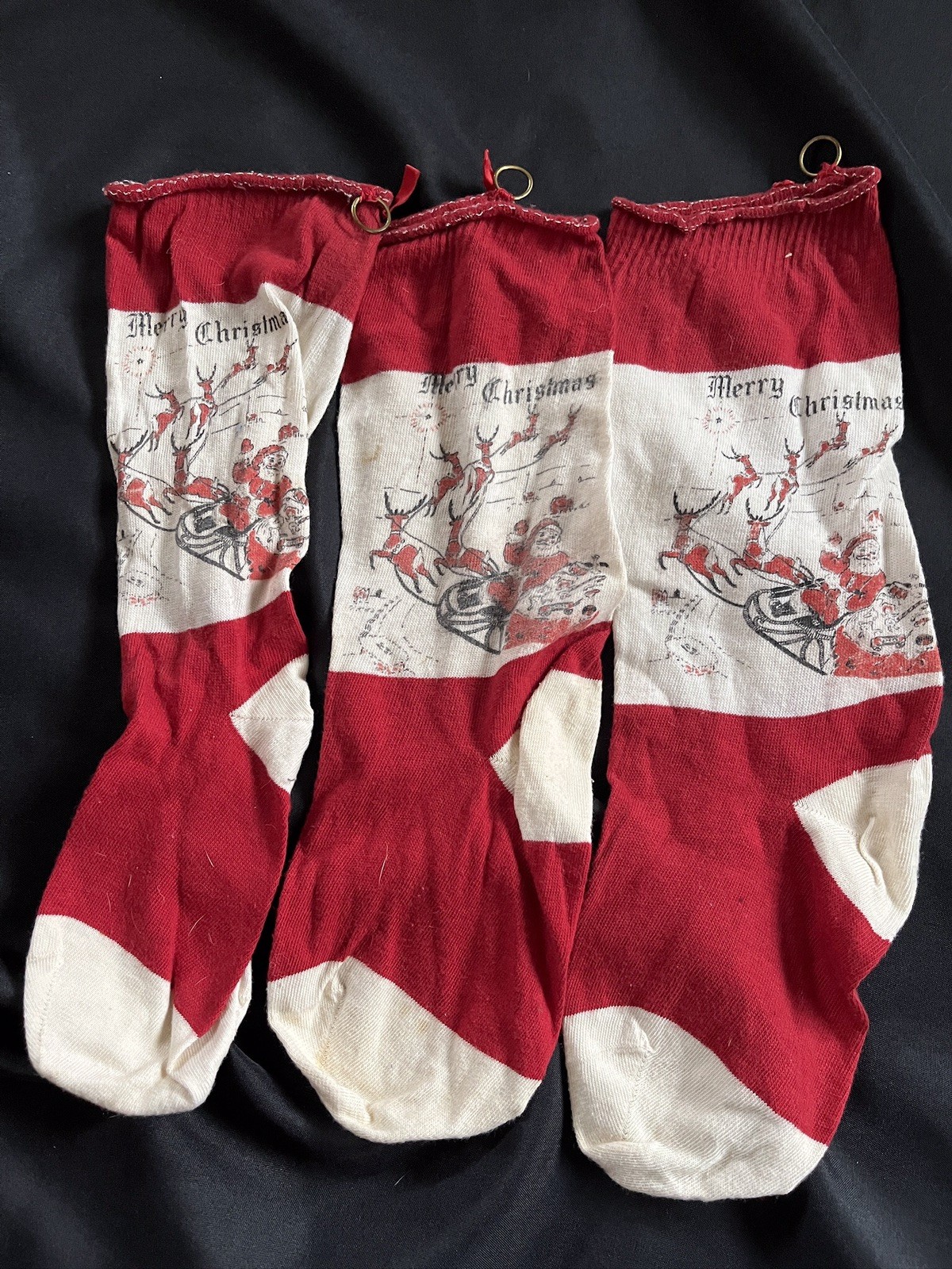 Set Of 3 Vtg Christmas Stockings Santa Claus Reindeer Sleigh Toys 1930s/40s
