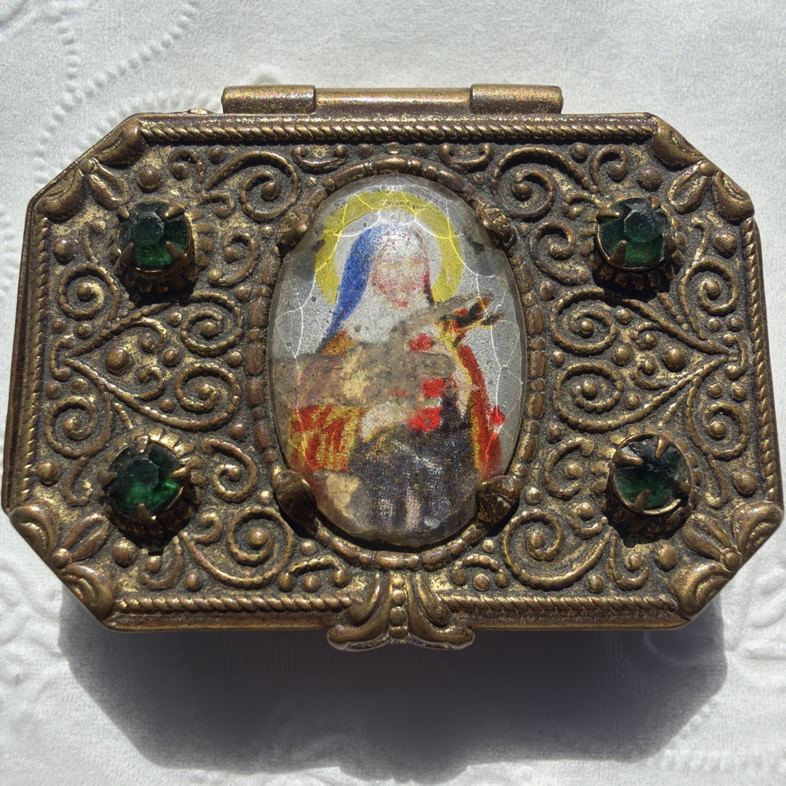 Antique French Brass Rosary Holder Trinket Box St. Therese Of Lisieux Jeweled