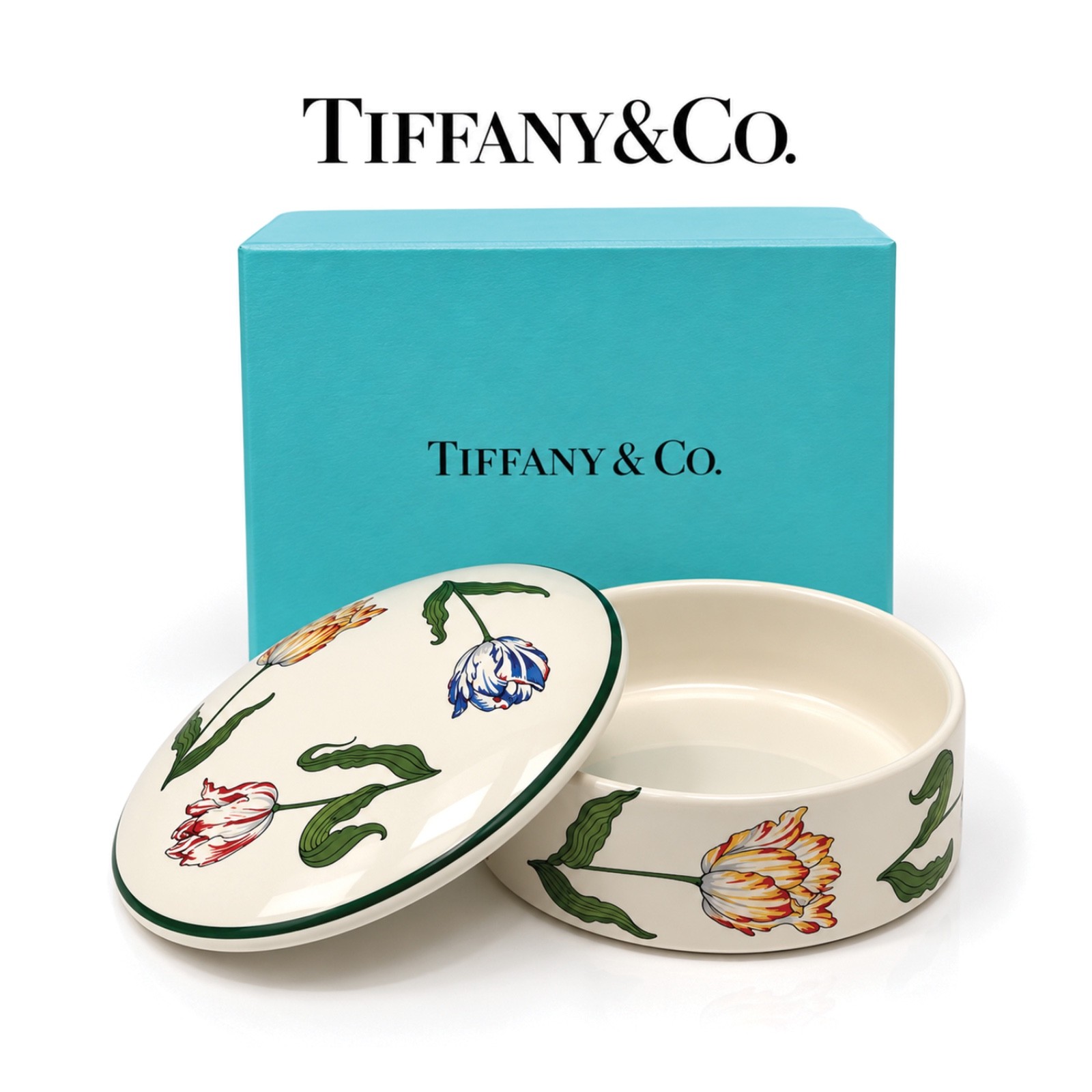 Tiffany & Co. Tiffany Tulips Round Trinket Box Vintage England in Original Box