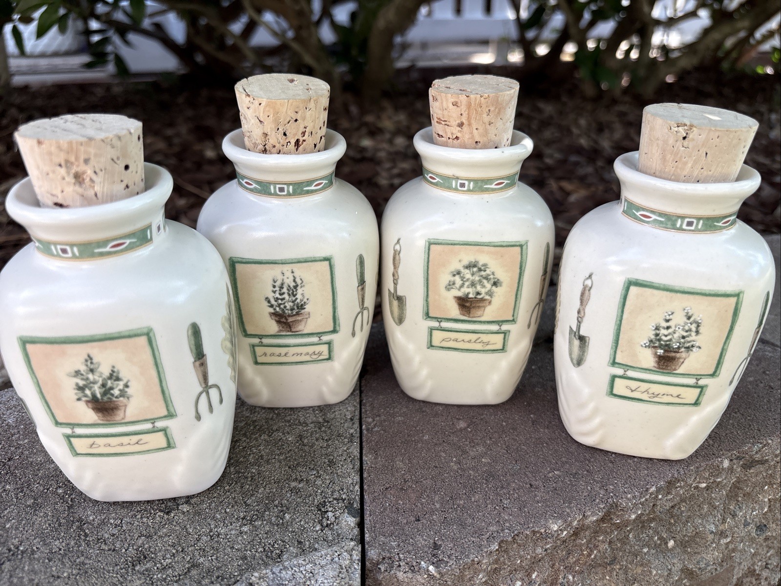 4 Pfaltzgraff Naturewood Spice Herb Jars Corks Garden Set MINT Basil Parsley Etc