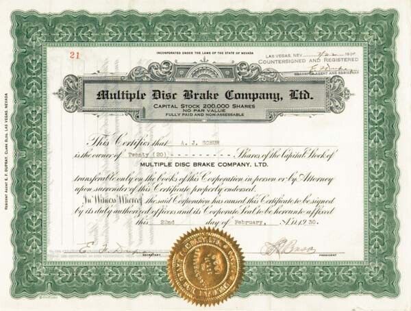 Multiple Disc Brake Co. - Stock Certificate (Uncanceled) - Automotive Stocks
