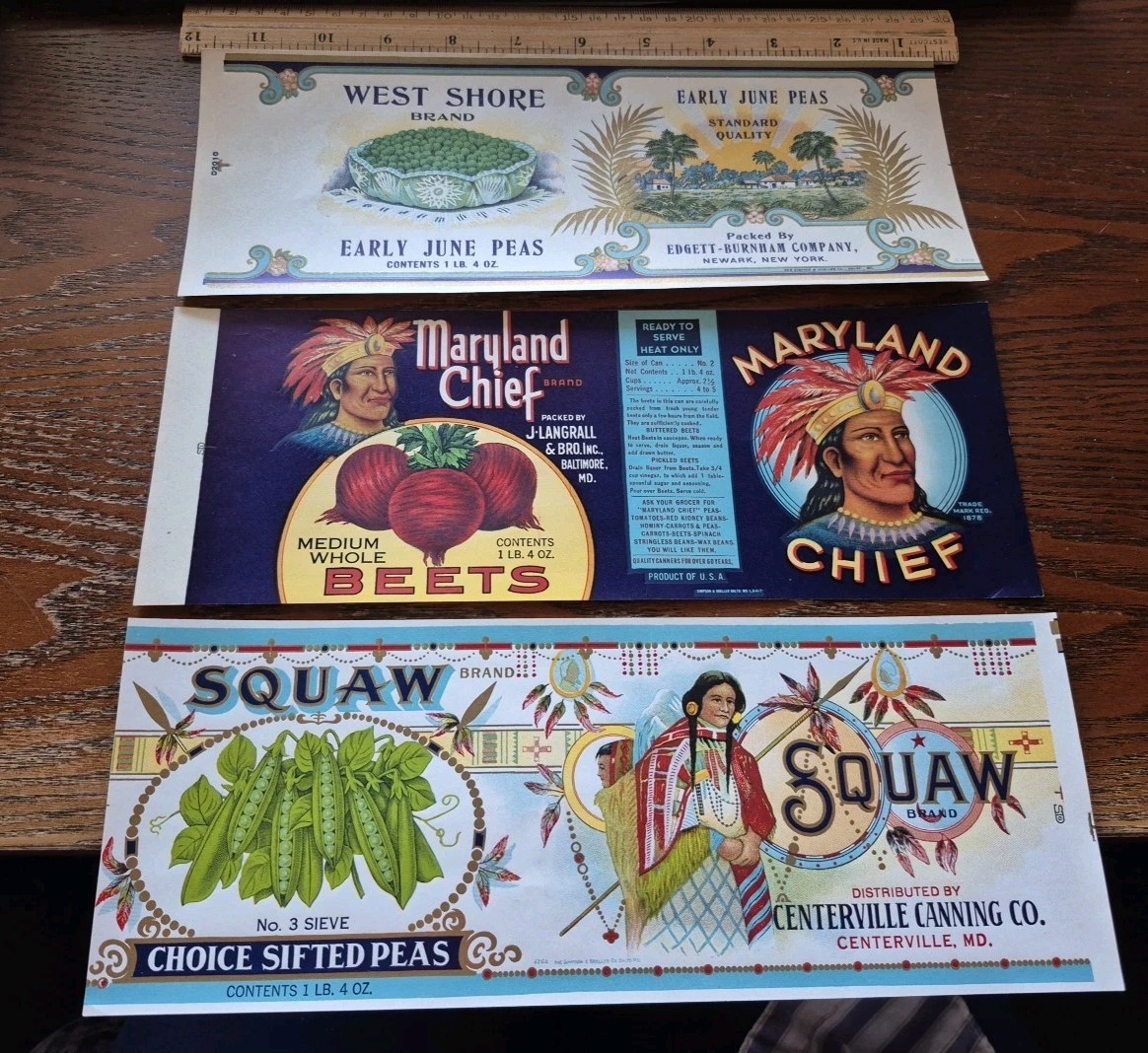 LOT of 3 antique ORIGINAL vegetable advertising can labels Native American art