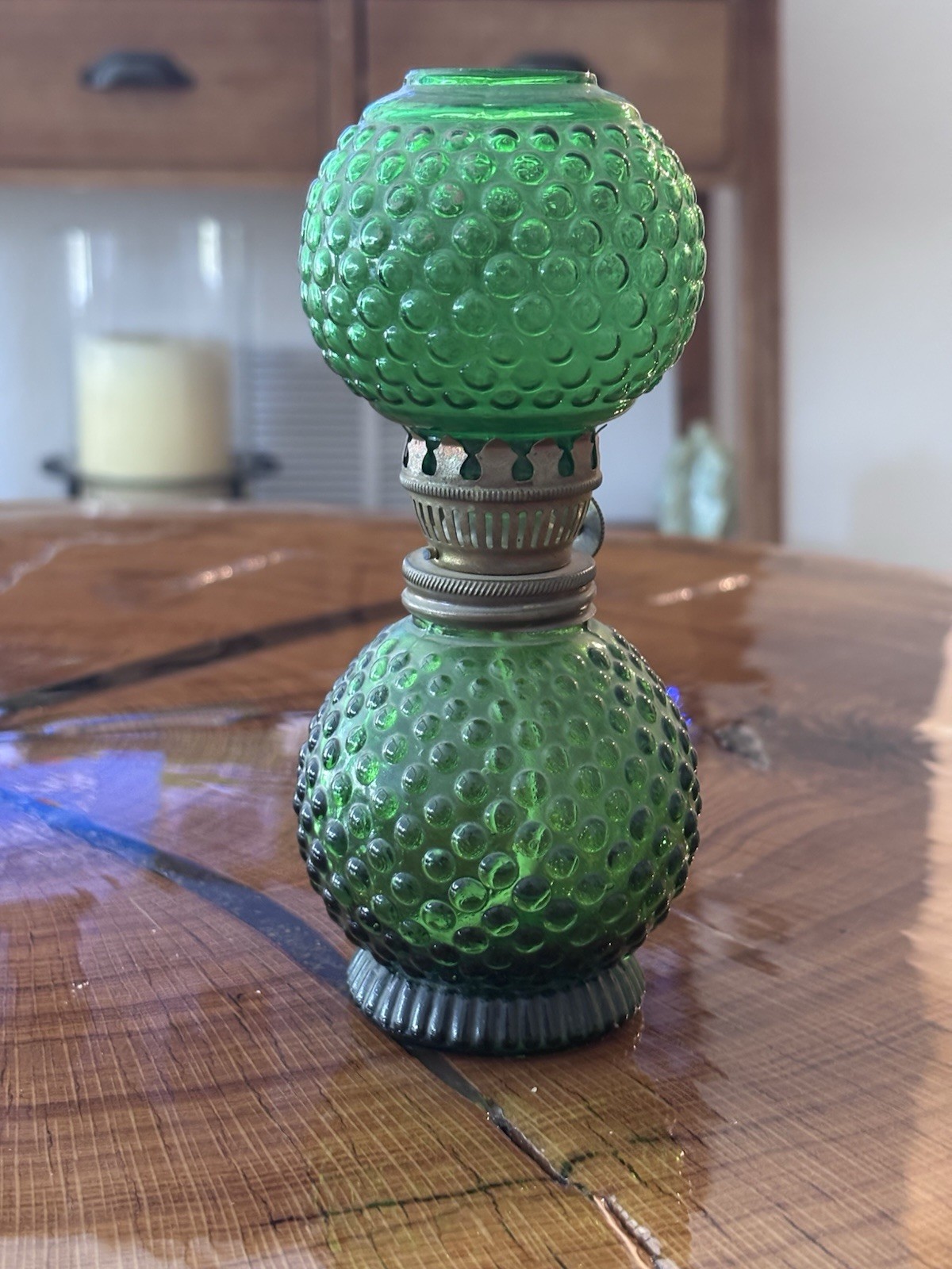 Vintage Emerald Green Hobnail Glass Miniature Decorative Lamp & Matching Shade