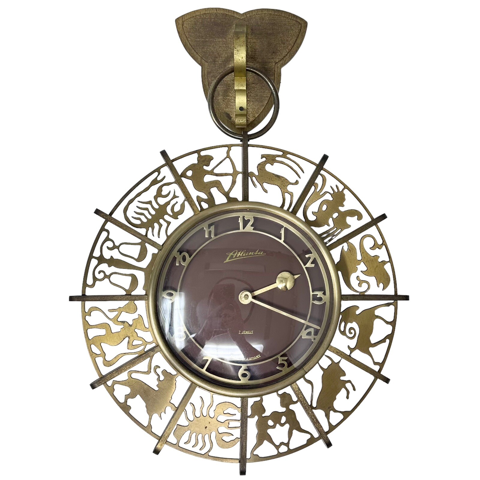 Vtg MCM Atlanta Wall Clock Zodiac Brass 7 Jewel F. Mauthe Germany FOR REPAIR