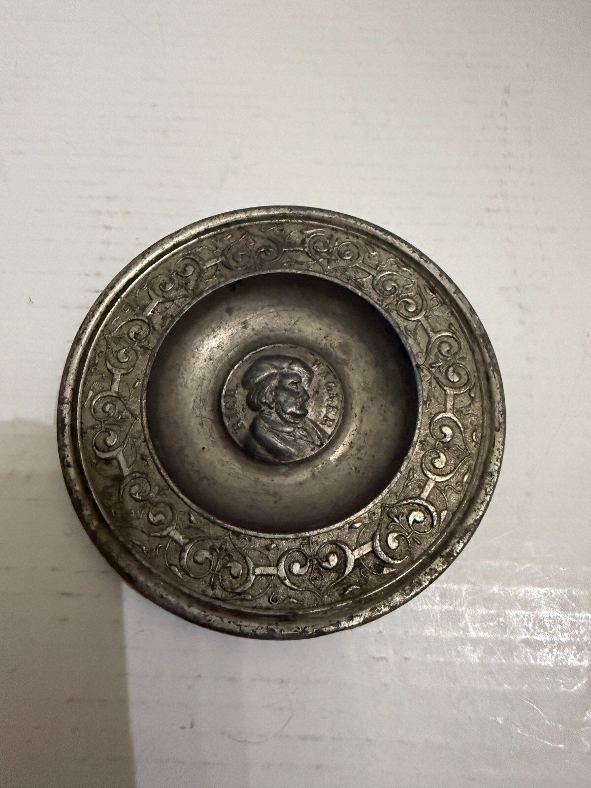 Antique c. 1880\'s Pewter Trinket Plate Dish Portrait Richard Wagner