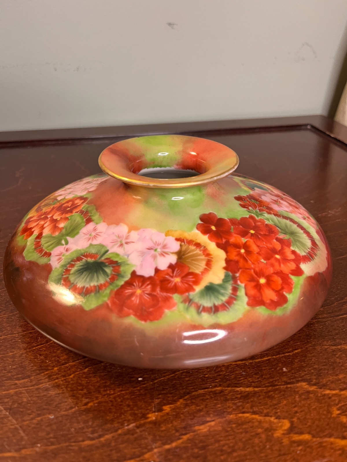 Limoges France Hand Painted Porcelain Squat Vase Floral Red Pink 9\