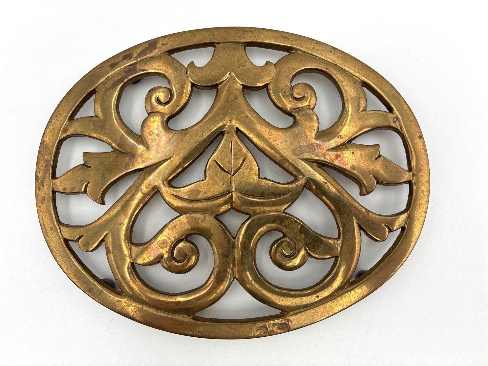 Vintage Brass Trivet Ornate Scroll Design Oval Decorative Hotplate Kitchen 8