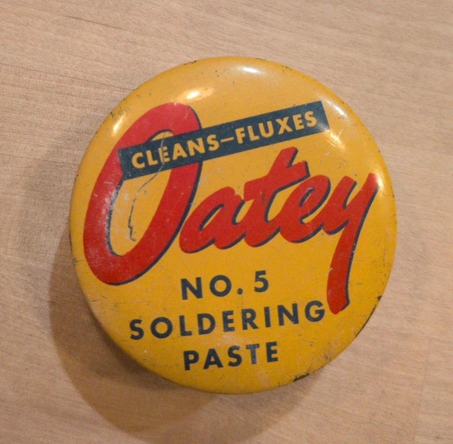Vintage Oatey No. 5 Soldering Paste 2 oz. Advertising Tin Yellow Collector