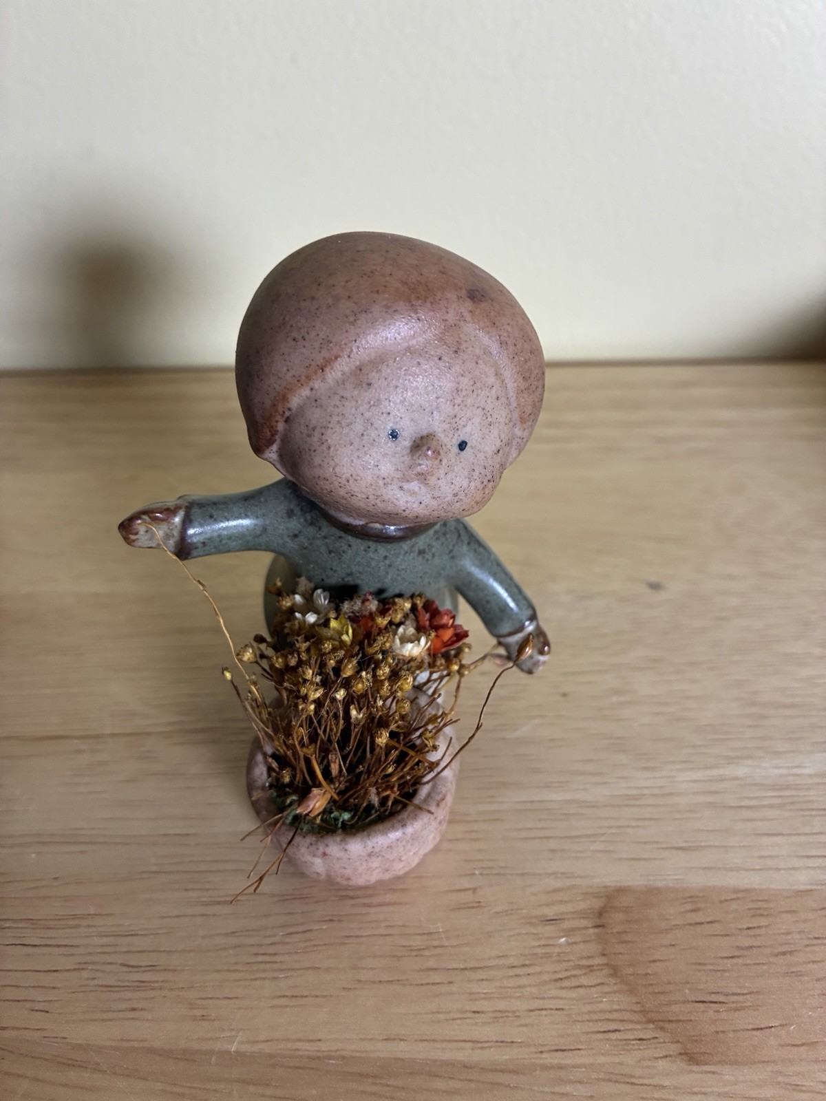 VTG 70s UCTCI Japan Stoneware Child Figurine Basket Dried Flower Holder 3.5”