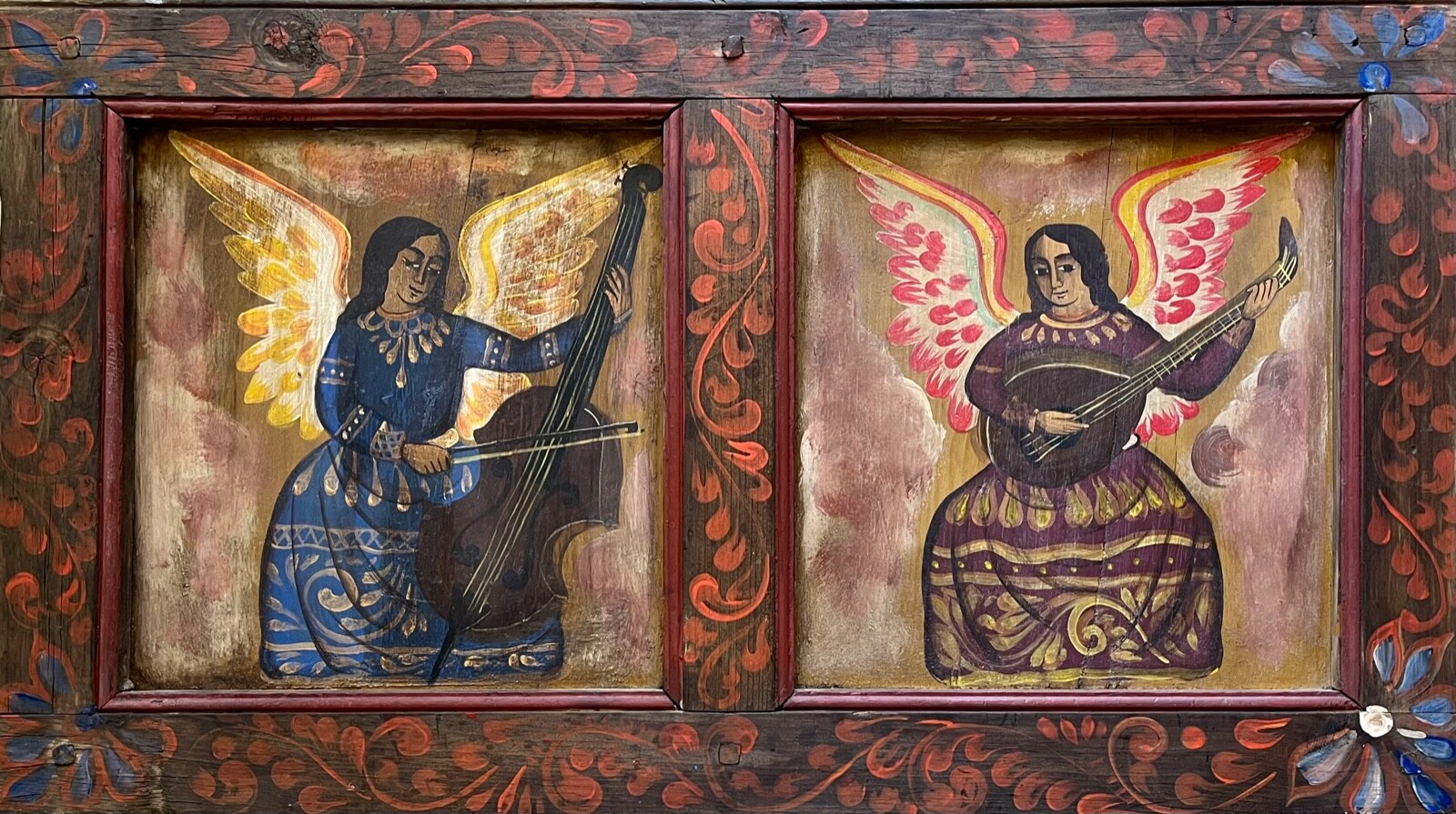 LARGE MEXICAN FOLK ART RELIGIOUS ICON RETABLO ANGELS