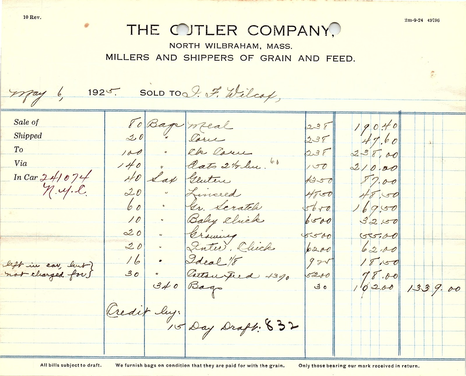 1925 The Cutler Company MA Grain & Feed Millers Billhead