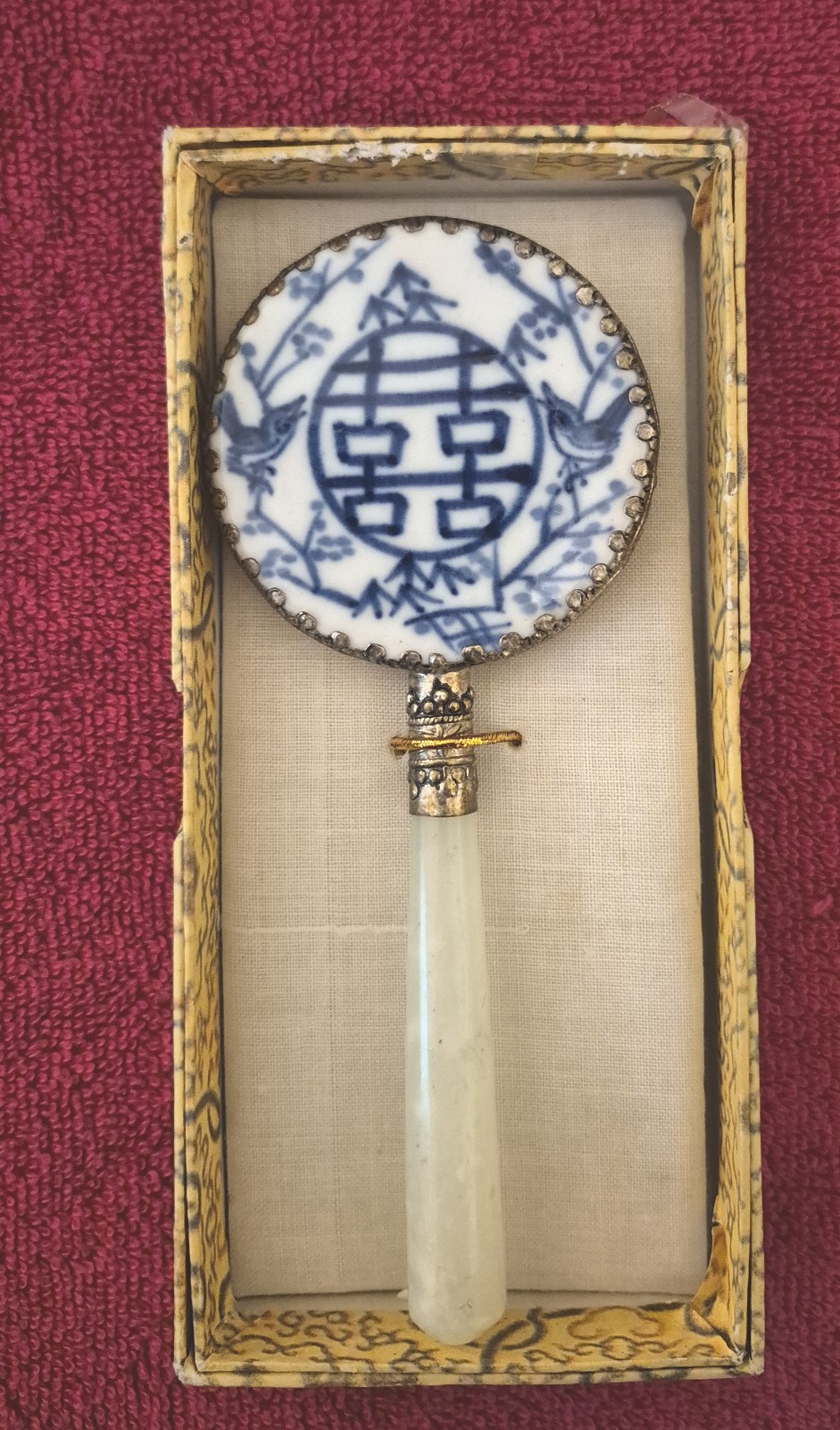 Vtg Chinese Hand Mirror Porcelain Blue & White Design & Jade Handle in Box
