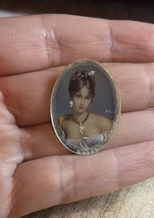 Antique Victorian Miniature Portrait Hand Painted w/ Trinket Box