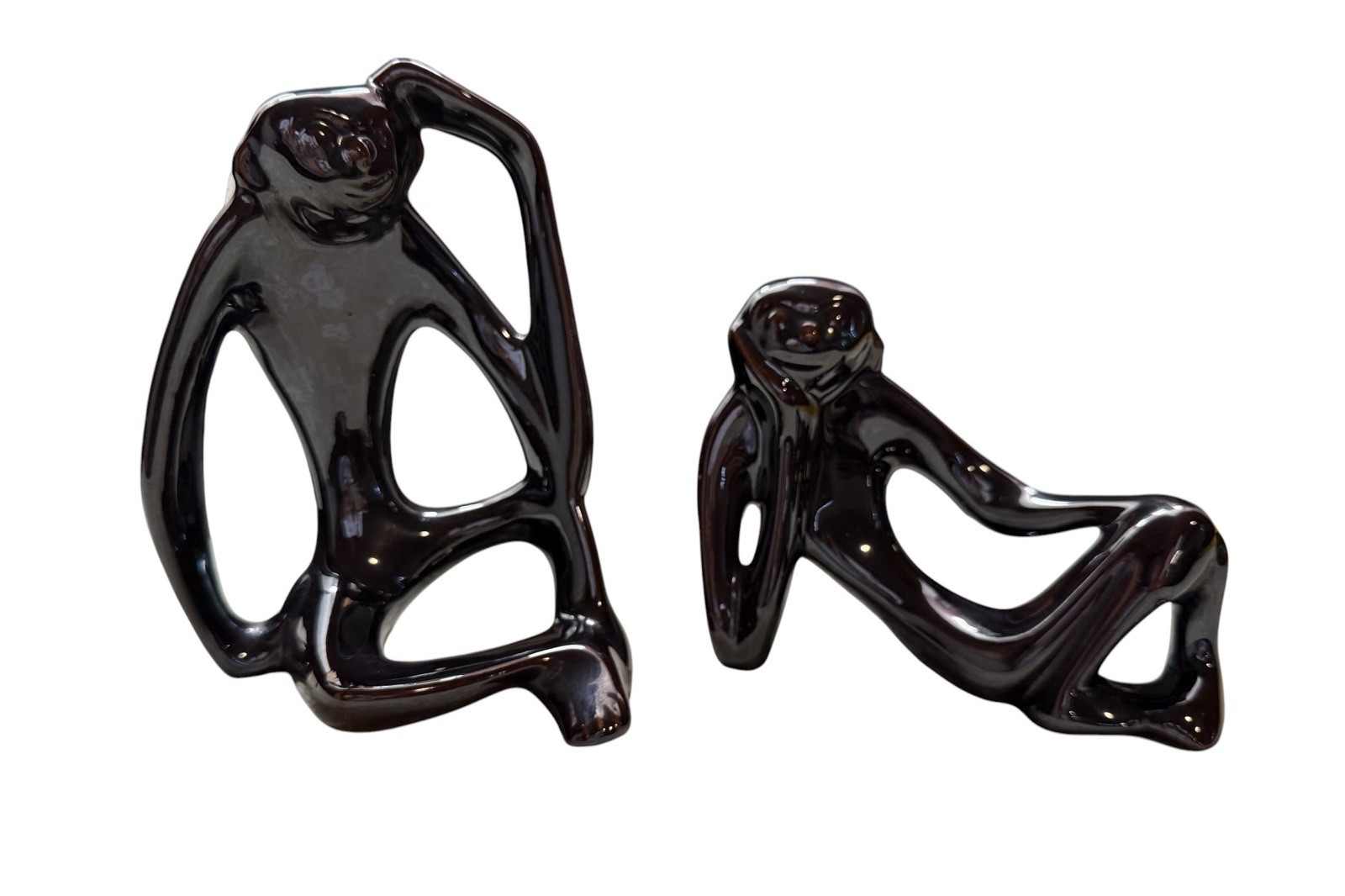 Vintage Pair MCM Thinking Sitting Monkeys Gloss Black Ceramic