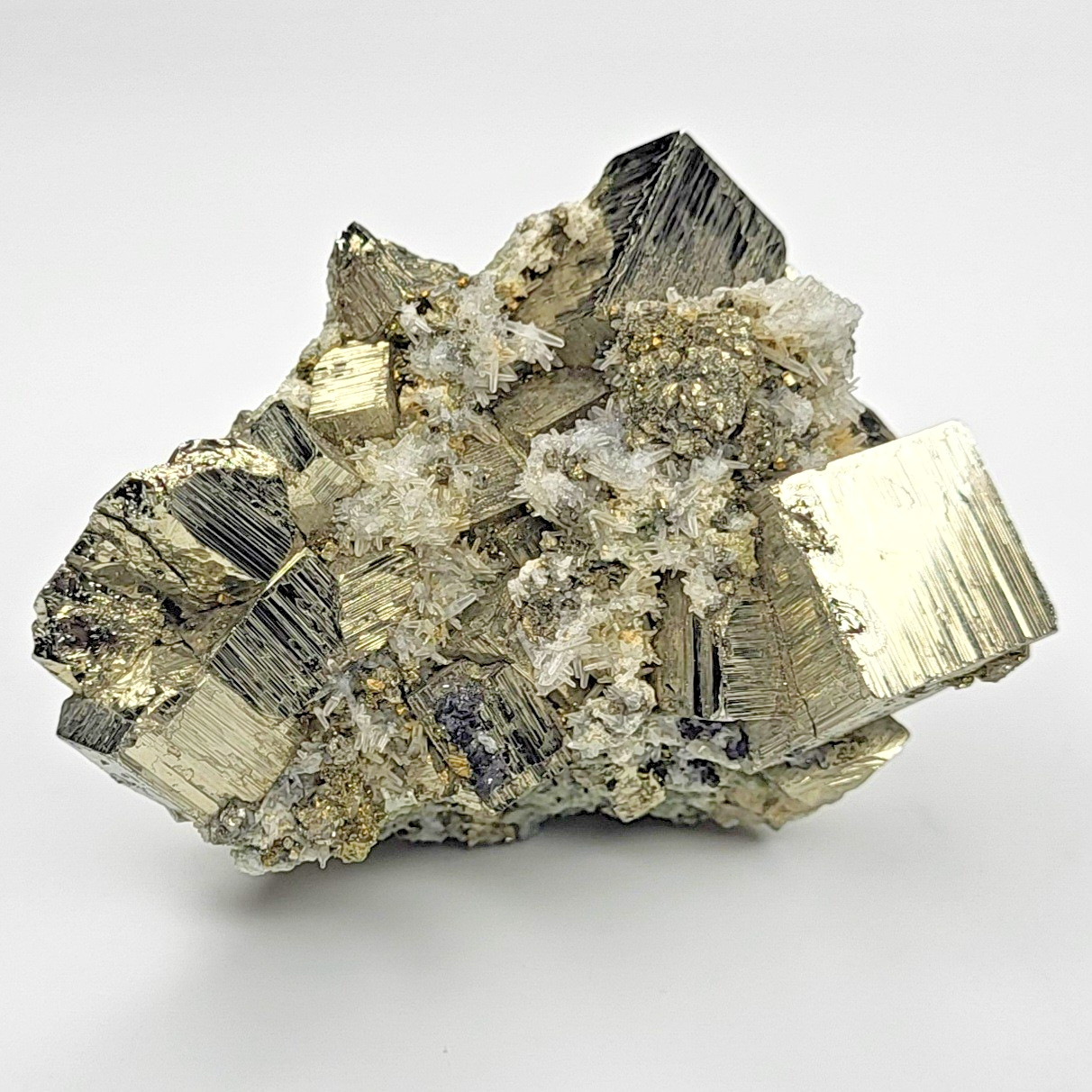 Striated Cubic Pyrite Crystals w/ Quartz Crystals Specimen Huanzala Mine, Peru