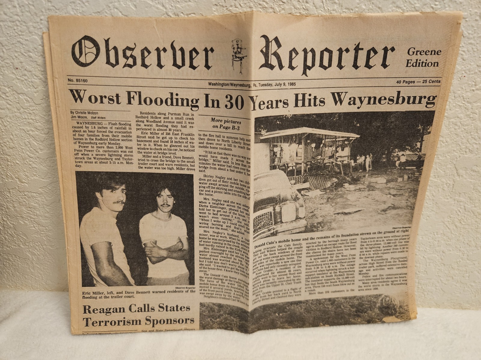 The Observer Reporter Washington/Waynesburg Pa News Paper July 9th 1985 Flooding