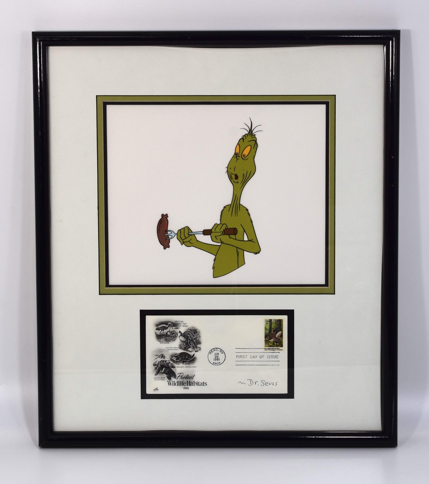 The Grinch Animation Cel, Framed with a Postcard Signed by Dr. Seuss