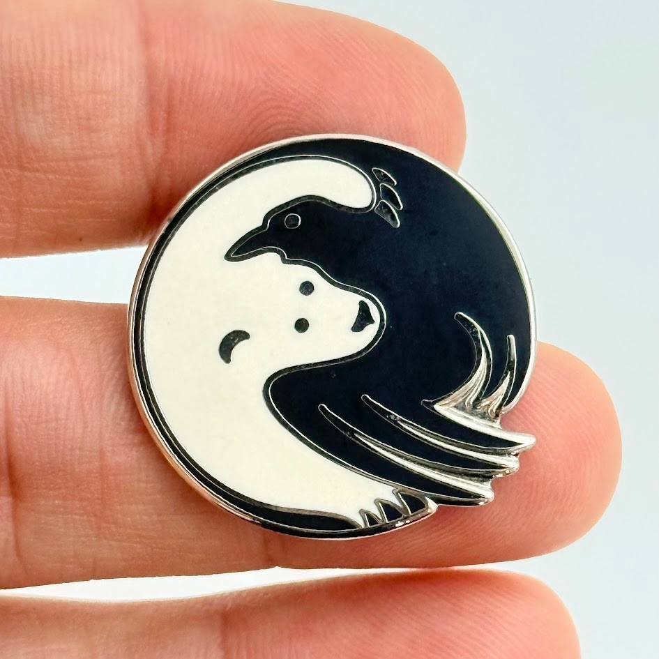 Yin Yang Enamel Pin Raven and Polar Bear Black White Silver Tone Philosophy