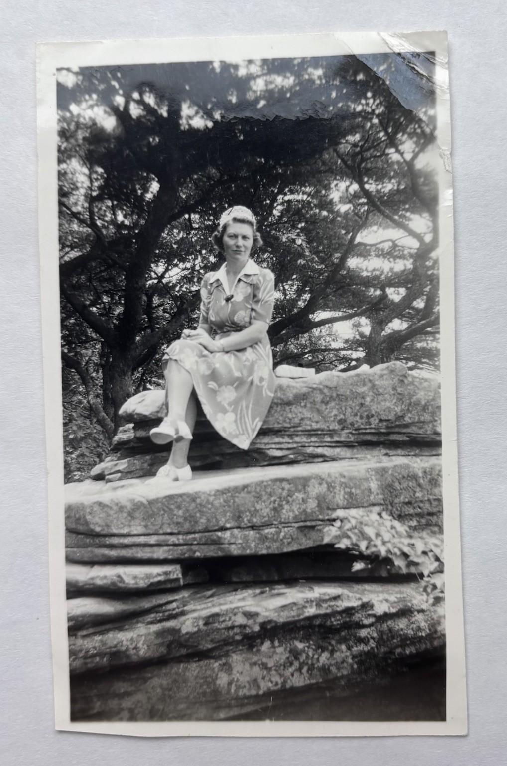 Vtg B&W Snapshot Woman at Lookout Mountain Tennessee Rock Formation Trees 1943