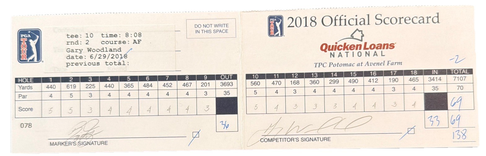 Gary Woodland & Rickie Fowler Signed 2018 PGA Tour Used Golf Scorecard