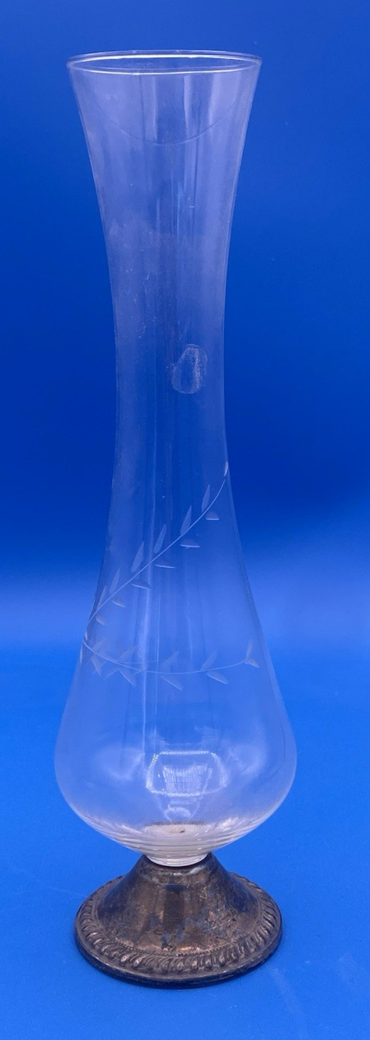 STERLING SILVER - Antique Raimond Etched Glass Bud  Vintage Bottle Vase 10