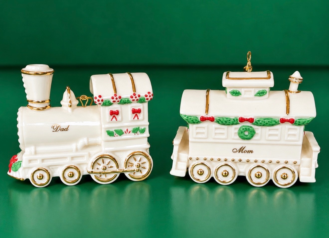 Lenox 2000 Mom & Dad Christmas Train Ornaments Set of 2 Fine Ivory China