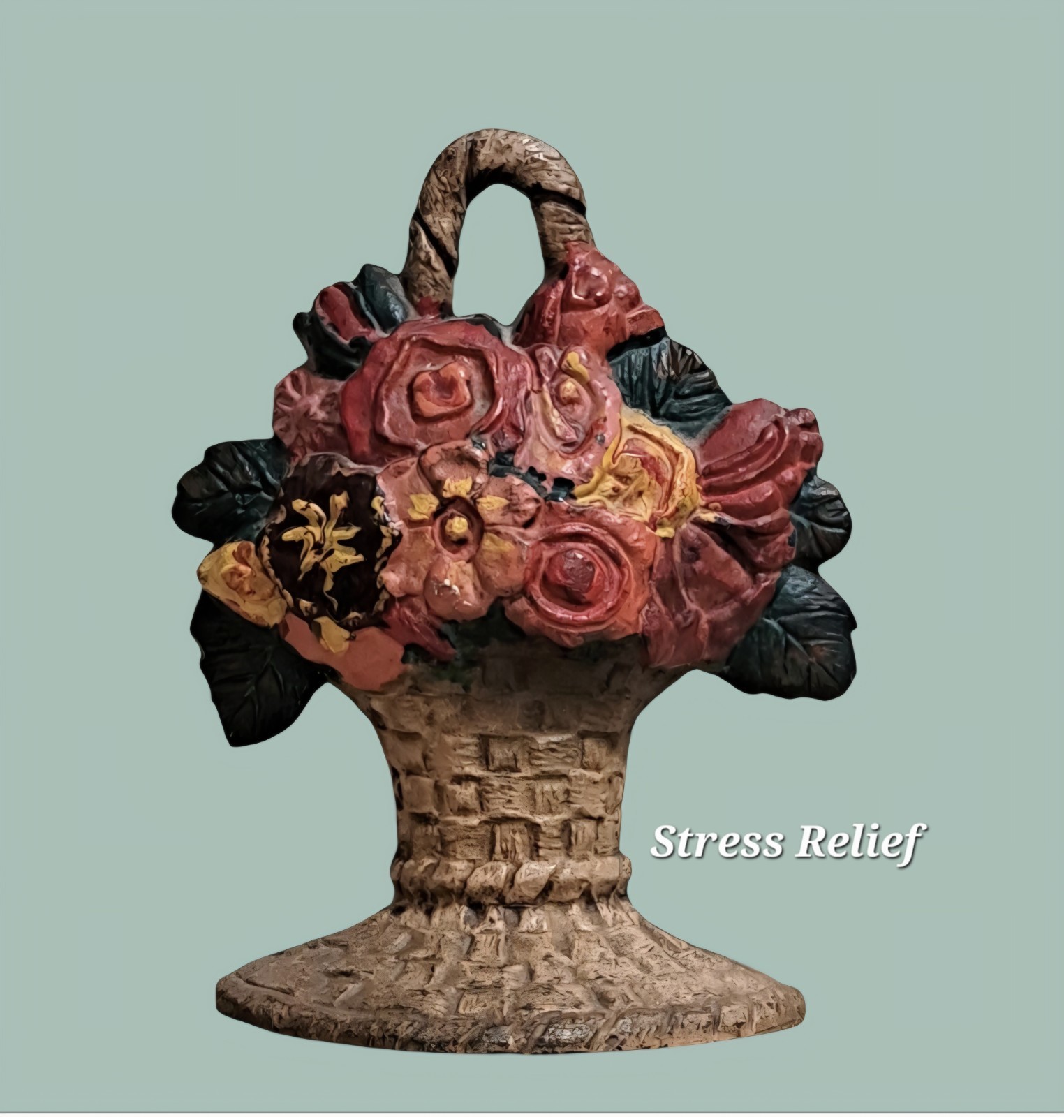 Antique Hubley 818 Cast Iron Flower Basket Doorstop Painted Floral 9.5\