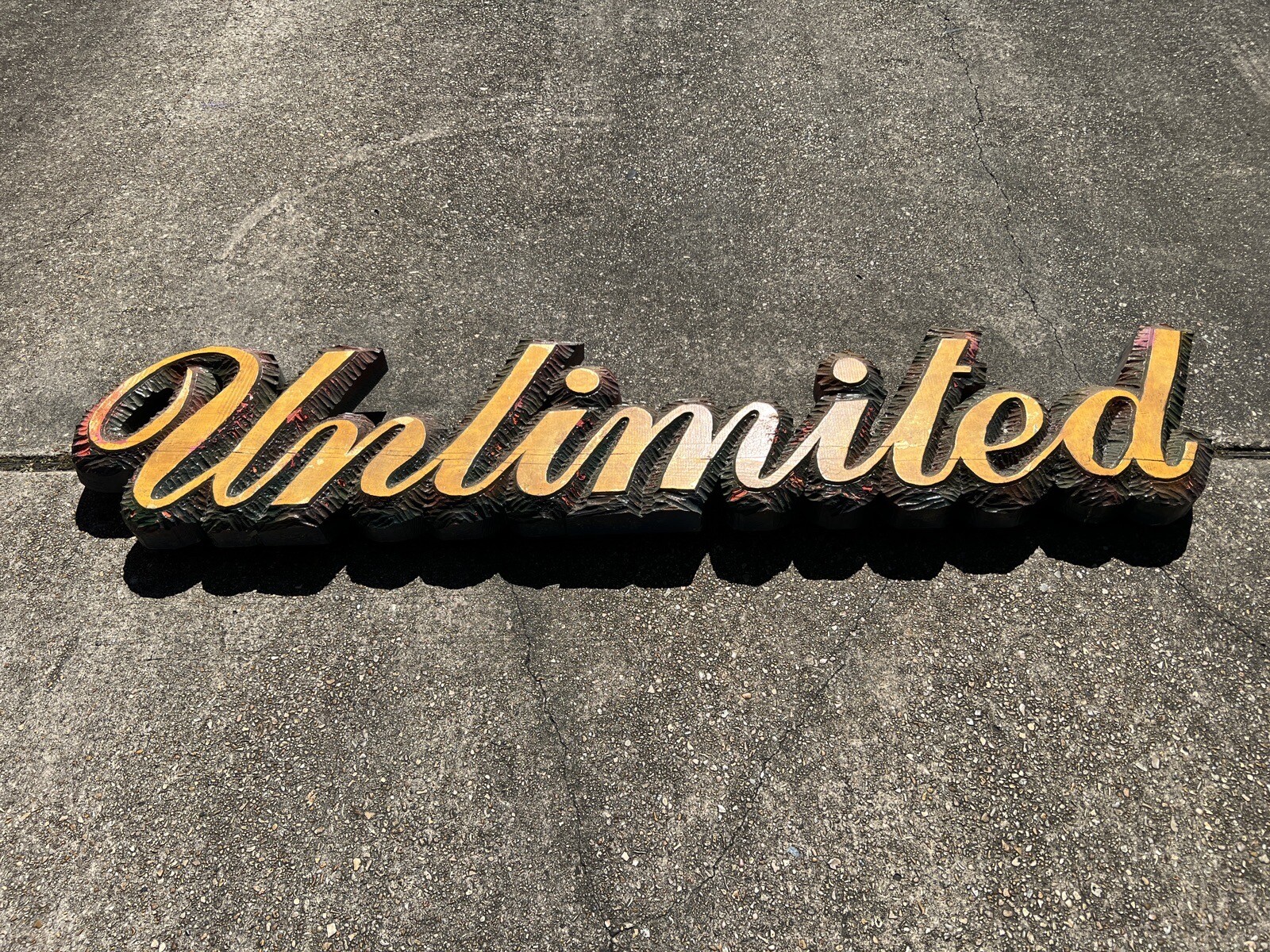 Huge Vintage Hand Carved & Painted Wooden Sign - Unlimited Sign 7’ Advertising