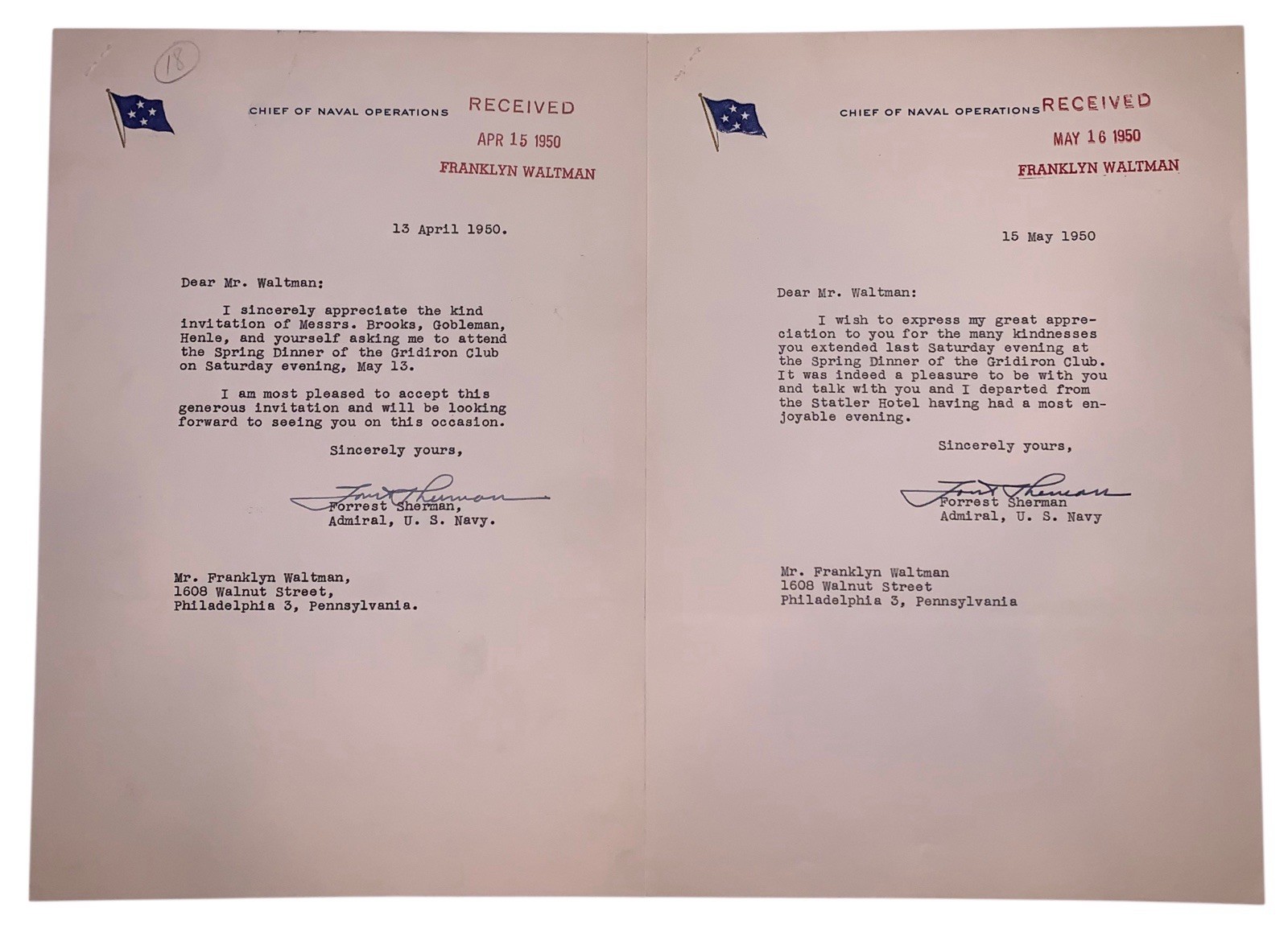 2 Signed Letters from Admiral Forrest P. Sherman, U. S. Navy, 1950, Waltman