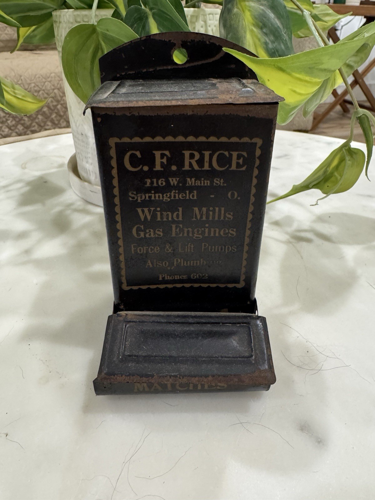 Antique C.F. Rice Advertising Tin Wall Match Holder