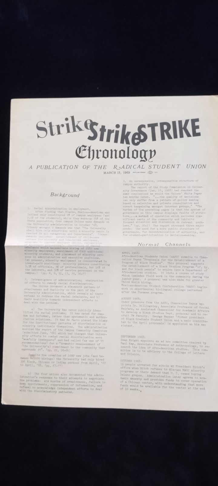 Vintage 1969 UC Berkeley TWLF Strike Chronology Pamphlet Radical Student Union