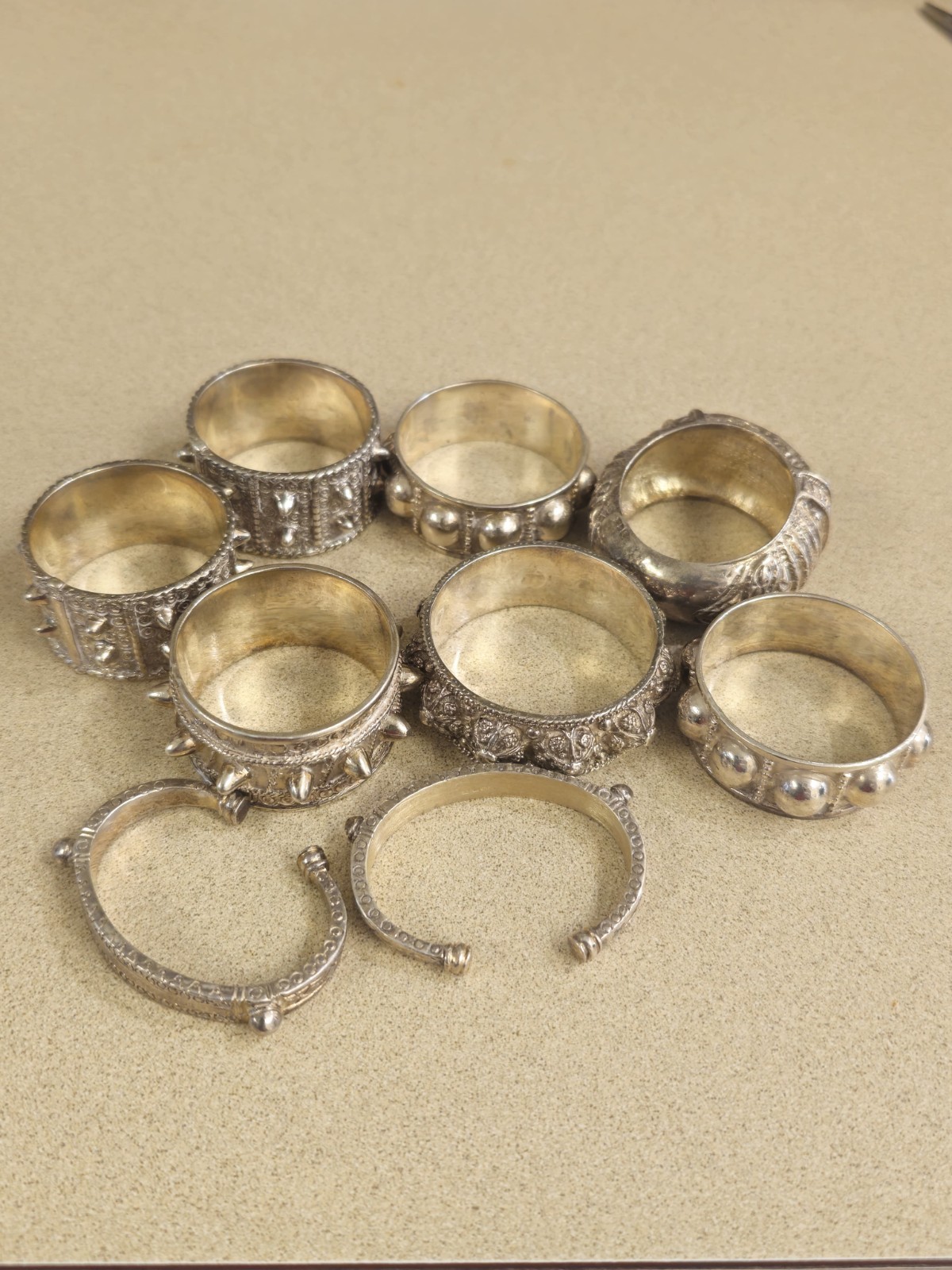 Vintage Caprice by A+M Sterling Silver .925 Napkin Rings & Cuff Bangles Set (9)
