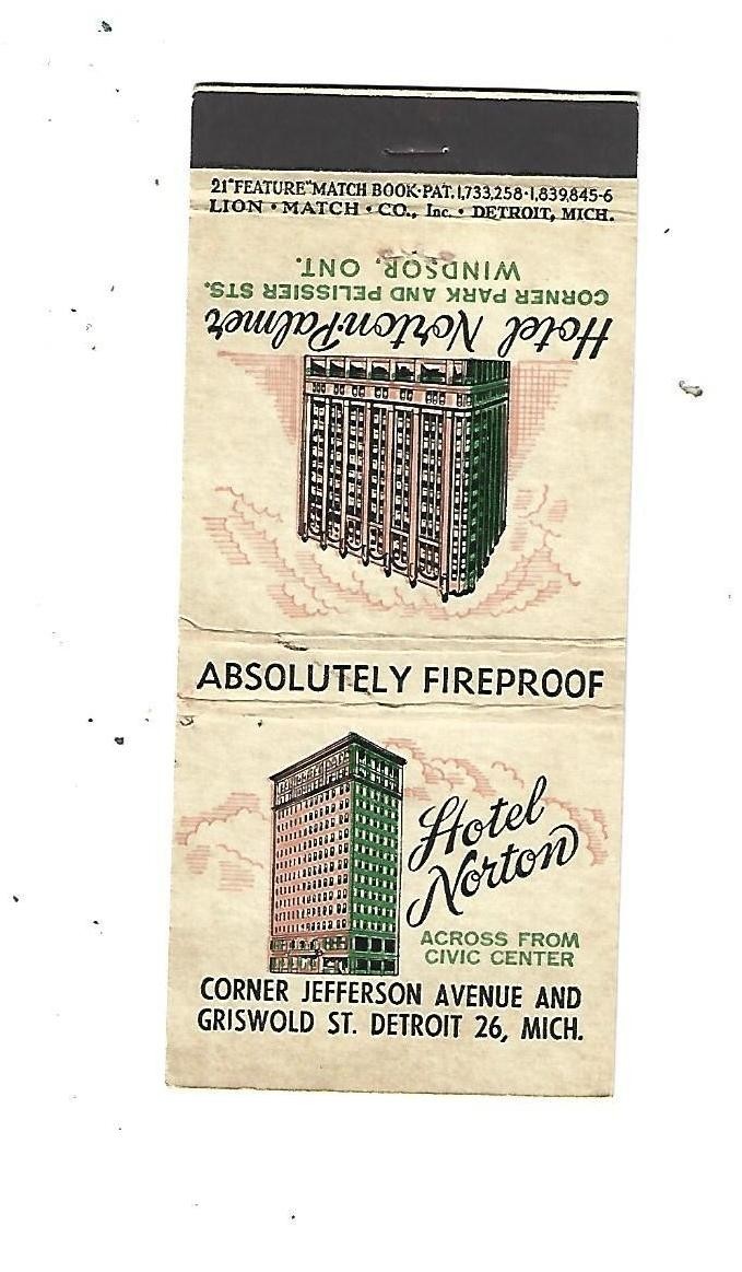 Hotel Norton - Detroit    Matchcover    Hotel Norton- Palmer   Windsor, ONT.