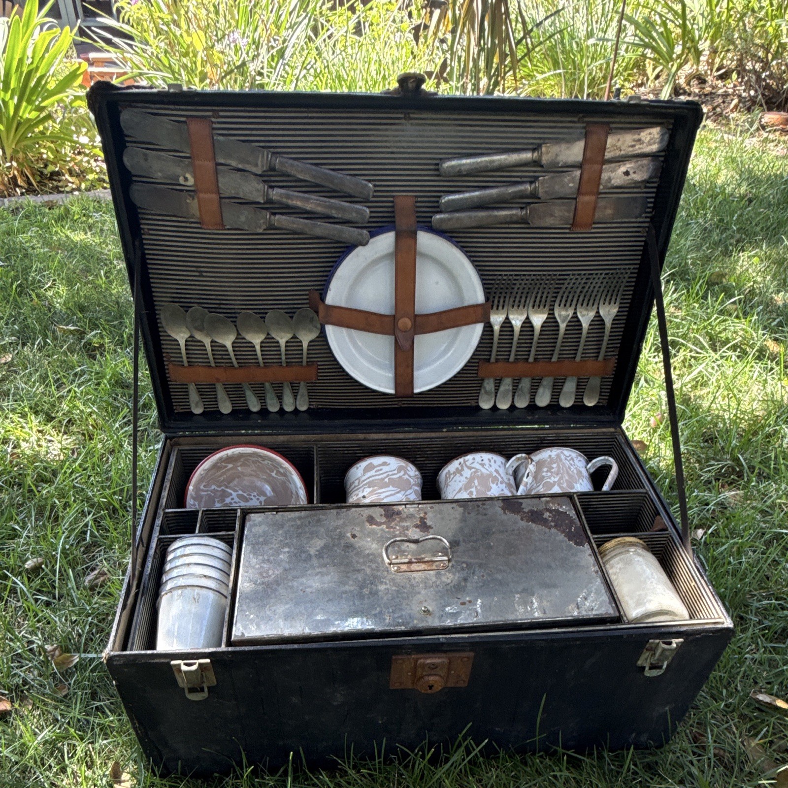 Antique 1920s Automobile Touring Picnic Set Enamelware Cutlery Fitted Case