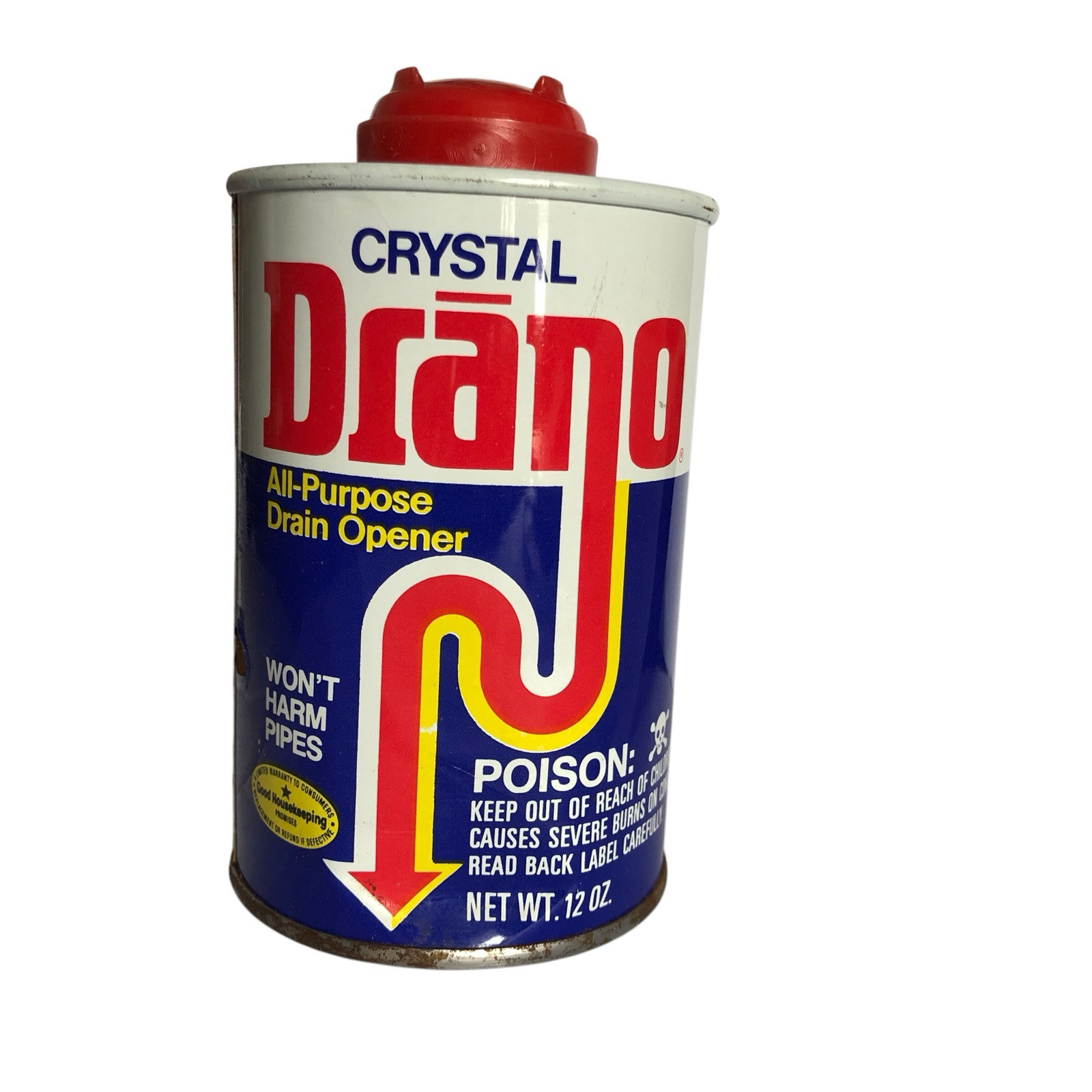 Vintage 1984 Drano Crystal Drain Opener Clog Remover 12 oz Container 95-99% Full