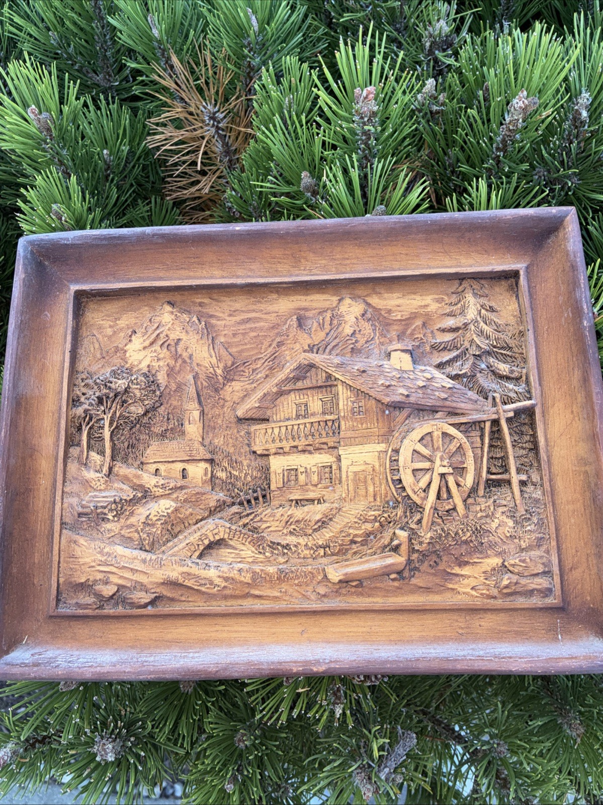 Antique Black Forest Painted Wood Carved Cottage Sculptural Panel 12X16”.