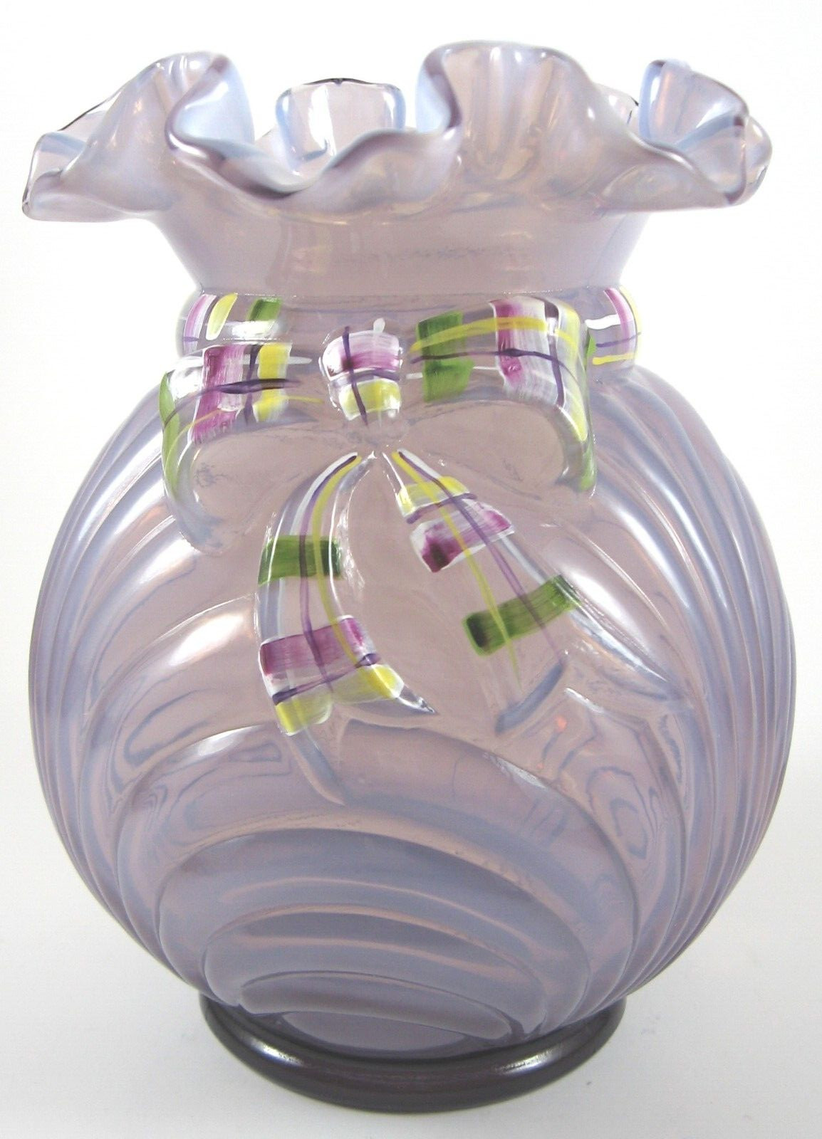 FENTON ART GLASS PURPLE OPALINE HAND PAINTED CAPRICE DRAPE BOW VASE SIGNED MINT